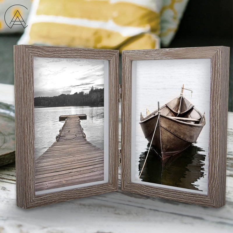 AEVETE 5x7 Double Picture Frames Hinged Wood Folding Picture Frames Vertically Display, Real Glass Front, Gray - Image 2